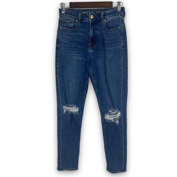 American Eagle Mom Dark Blue Wash Distressed Stretch Skinny Denim Jeans Size 0‎ - Picture 1 of 16